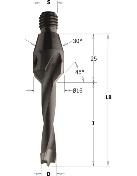 Dowel drills with threaded shank with countersink