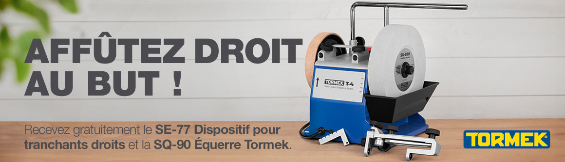 Promotion exceptionnelle sur la Tormek T-4 qui est accompagnée de deux accessoires. Recevez gratuitement le SE-77 dispositif pour tranchants droits et SQ-90 Équerre Tormek