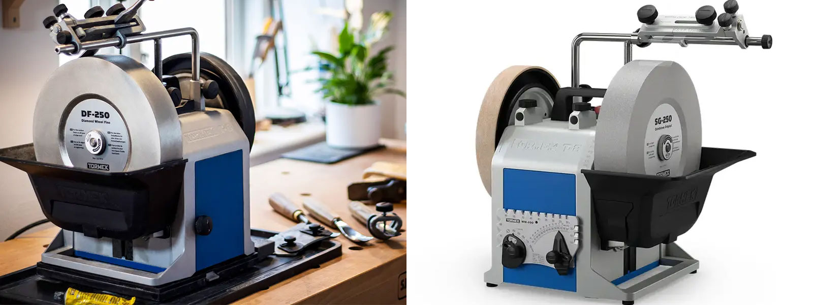 Présentation de l'ff^teuse Tormek T-8 Original sur un établi en bois
